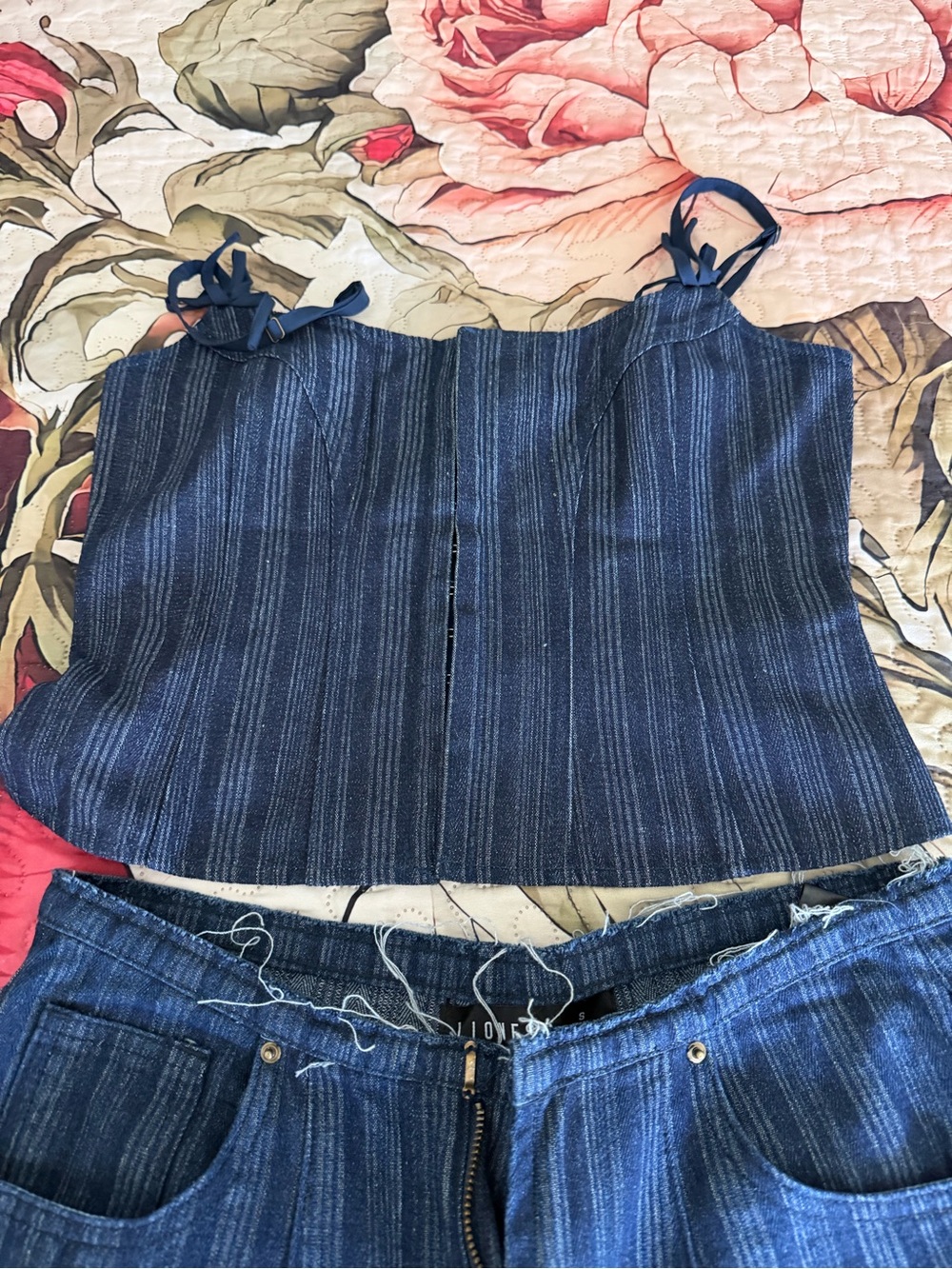 Lioness Navy Blue Pinstripe Tie-Shoulder Crop Camisole